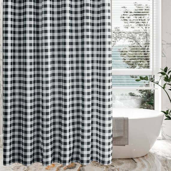 Biscaynebay Duschvorhang, strukturierter Stoff, 183 x 183 cm, schwarz-weiß, Bedruckt, kariert, Leinen, modern, Bauernhaus, Boho, Hotelqualität, Stoff, Badezimmervorhänge, maschinenwaschbar
