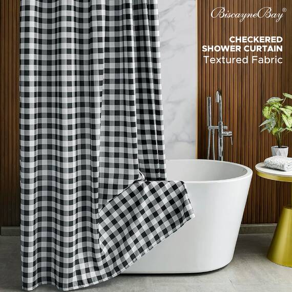 Biscaynebay Duschvorhang, strukturierter Stoff, 183 x 183 cm, schwarz-weiß, Bedruckt, kariert, Leinen, modern, Bauernhaus, Boho, Hotelqualität, Stoff, Badezimmervorhänge, maschinenwaschbar