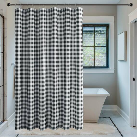 Biscaynebay Duschvorhang, strukturierter Stoff, 183 x 183 cm, schwarz-weiß, Bedruckt, kariert, Leinen, modern, Bauernhaus, Boho, Hotelqualität, Stoff, Badezimmervorhänge, maschinenwaschbar