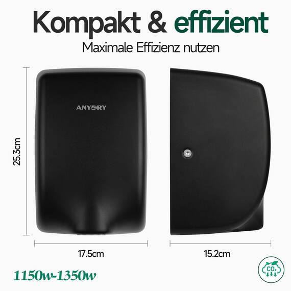 anydry 2803Y Mini-Händetrockner, Hochgeschwindigkeits-Luftstrom 1350W, Edelstahl-Mattlack-Oberfläche, platzsparend für Gewerbe & Privathaushalte