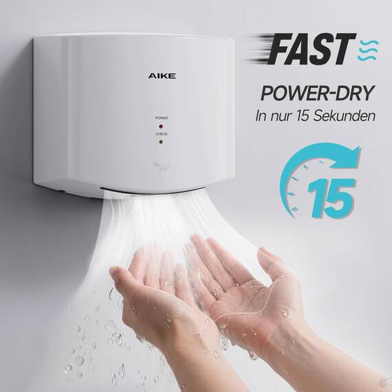 AIKE Air Wiper Kompakt Händetrockner, Hochgeschwindigkeit, 1400W 220V, Stecken & Loslegen, Papierlos & Berührungslos für Öffentliche Toiletten, AK2630S (Weiß)