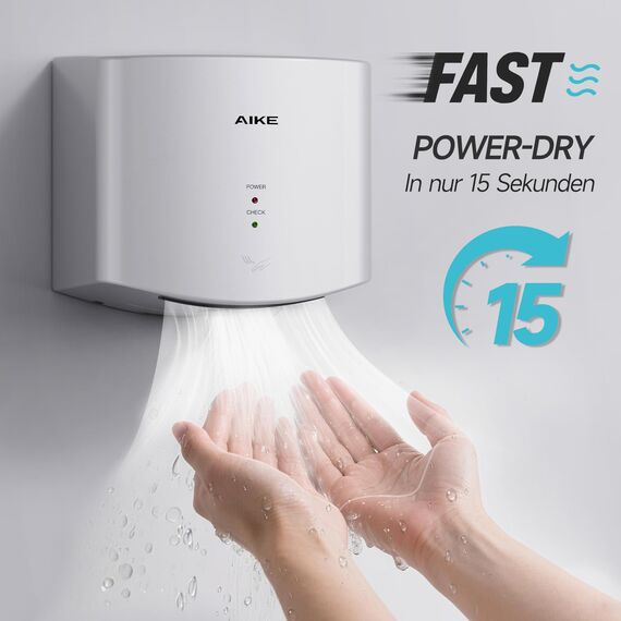 AIKE Air Wiper Kompakt Händetrockner, Hochgeschwindigkeit, 1400W 220V, Stecken & Loslegen, Papierlos & Berührungslos für Öffentliche Toiletten, AK2630S (Silber)