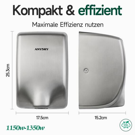 anydry 2803Y Mini-Händetrockner, Hochgeschwindigkeits-Luftstrom 1350W, Edelstahl-Gestrahlte Oberfläche, platzsparend für Gewerbe & Privathaushalte