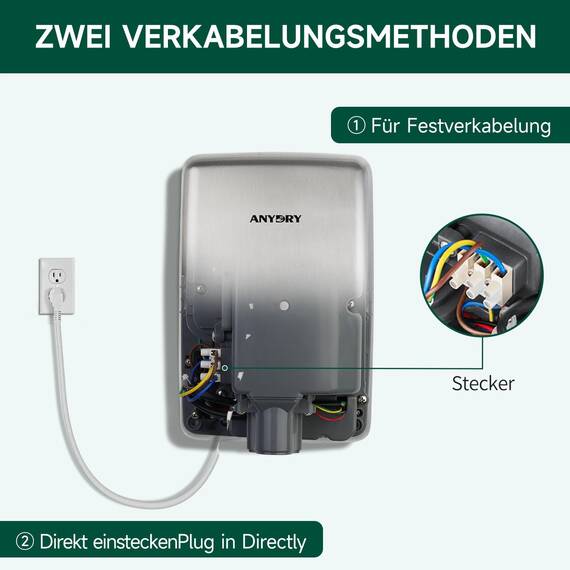 anydry 2803Y Mini-Händetrockner, Hochgeschwindigkeits-Luftstrom 1350W, Edelstahl-Gestrahlte Oberfläche, platzsparend für Gewerbe & Privathaushalte