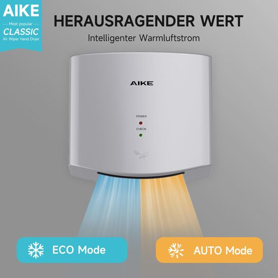 AIKE Air Wiper Kompakt Händetrockner, Hochgeschwindigkeit, 1400W 220V, Stecken & Loslegen, Papierlos & Berührungslos für Öffentliche Toiletten, AK2630S (Silber)