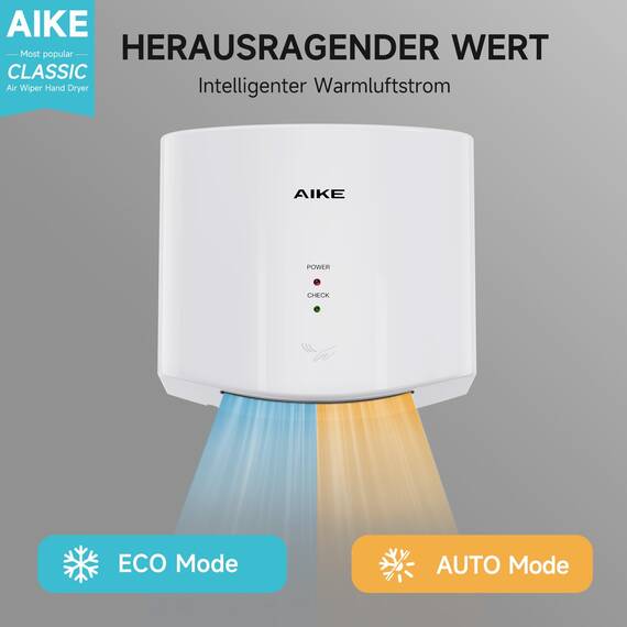 AIKE Air Wiper Kompakt Händetrockner, Hochgeschwindigkeit, 1400W 220V, Stecken & Loslegen, Papierlos & Berührungslos für Öffentliche Toiletten, AK2630S (Weiß)