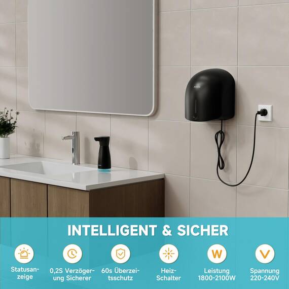 AIKE GentleAir Warmluft Handtrockner, Leise für Zuhause & Bäder, AC220V-240V, Mitternacht Schwarz