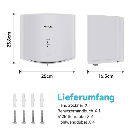 AIKE Air Wiper Kompakt Händetrockner, Hochgeschwindigkeit, 1400W 220V, Stecken & Loslegen, Papierlos & Berührungslos für Öffentliche Toiletten, AK2630S (Weiß)