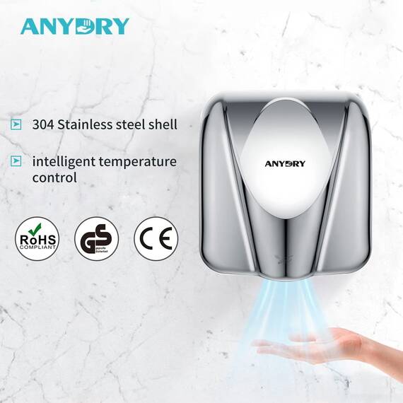anydry 2812 Händetrockner für Gewerbe elektrischer Sensor Stilvolles Design Edelstahl-Finish schnelle Trocknung 7-10 Sekunden 1600W.(Polishde)