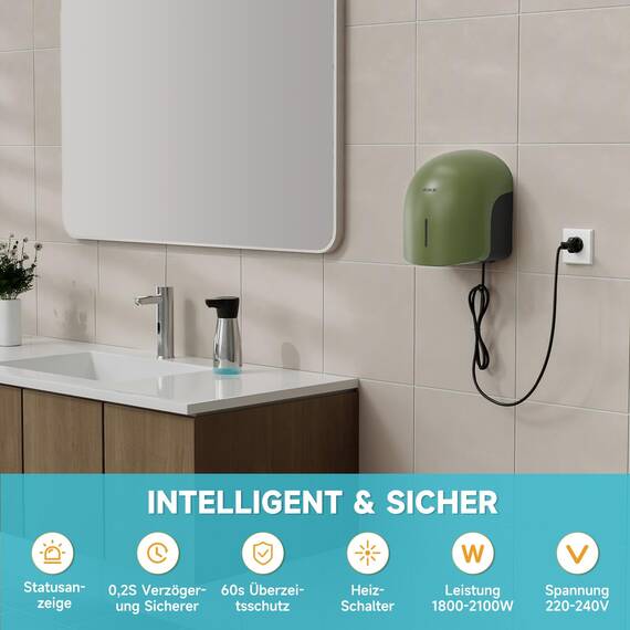AIKE GentleAir Warmluft Handtrockner, Leise für Zuhause & Bäder, AC220V-240V, Wald Grün
