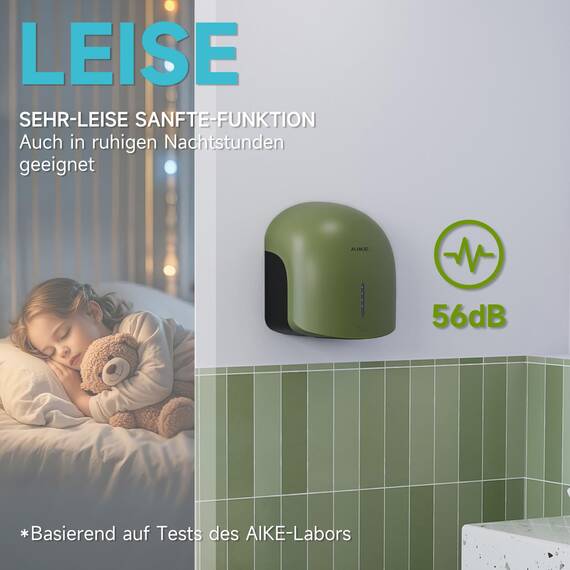 AIKE GentleAir Warmluft Handtrockner, Leise für Zuhause & Bäder, AC220V-240V, Wald Grün