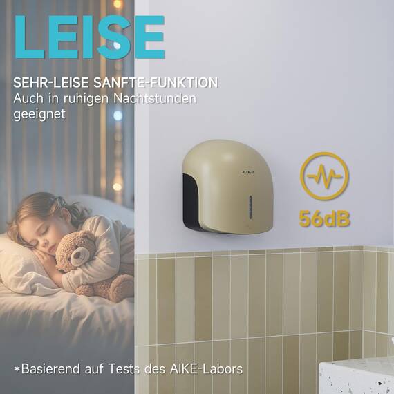 AIKE GentleAir Warmluft Handtrockner, Leise für Zuhause & Bäder, AC220V-240V, Düne Gelb