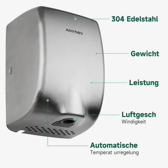 anydry 2803Y Mini-Händetrockner, Hochgeschwindigkeits-Luftstrom 1350W, Edelstahl-Gestrahlte Oberfläche, platzsparend für Gewerbe & Privathaushalte