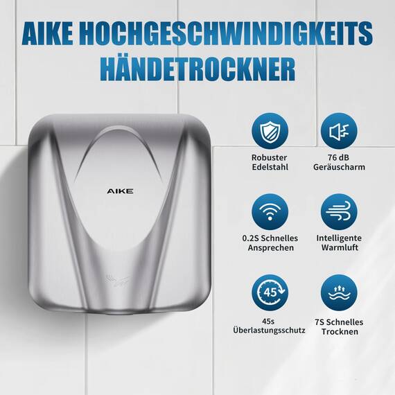 AIKE Elephant Kommerzieller Händetrockner, Hochgeschwindigkeits, Langlebiger Edelstahl für Hochfrequenzierte Toiletten, 220V AK2812 (Gebürstet)