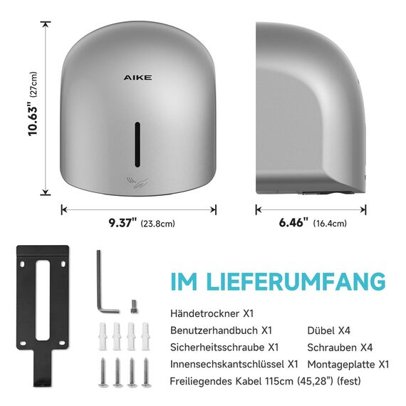 AIKE GentleAir Warmluft Handtrockner, Leise für Zuhause & Bäder, AC220V-240V, Sterntal Silber