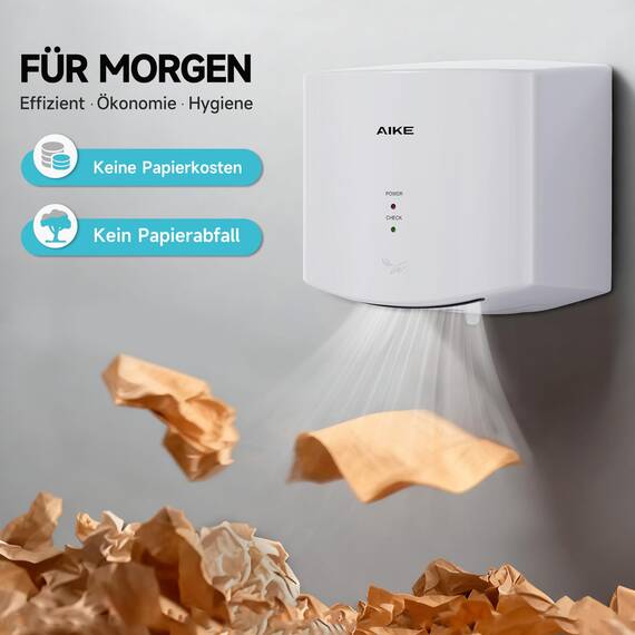 AIKE Air Wiper Kompakt Händetrockner, Hochgeschwindigkeit, 1400W 220V, Stecken & Loslegen, Papierlos & Berührungslos für Öffentliche Toiletten, AK2630S (Weiß)