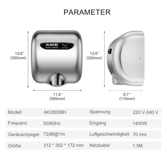 AIKE Elephant Power Händetrockner Mit HEPA-Filter, Gewerblich Hochgeschwindigkeit, Auto Warmluft, Edelstahlgehäuse AC220V-240V, AK2800BH