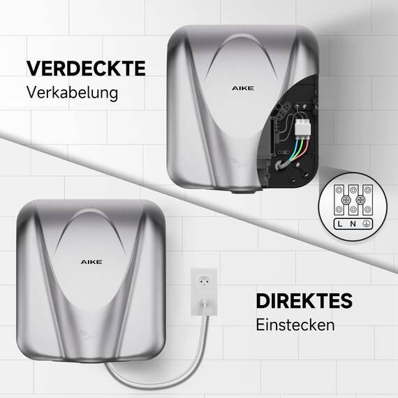 AIKE Elephant Kommerzieller Händetrockner, Hochgeschwindigkeits, Langlebiger Edelstahl für Hochfrequenzierte Toiletten, 220V AK2812 (Gebürstet)