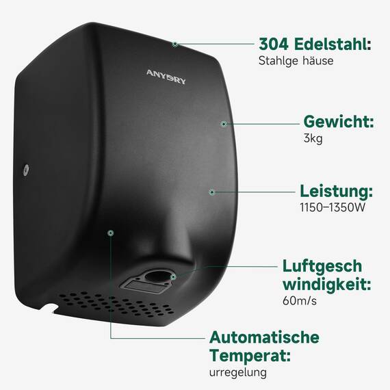anydry 2803Y Mini-Händetrockner, Hochgeschwindigkeits-Luftstrom 1350W, Edelstahl-Mattlack-Oberfläche, platzsparend für Gewerbe & Privathaushalte