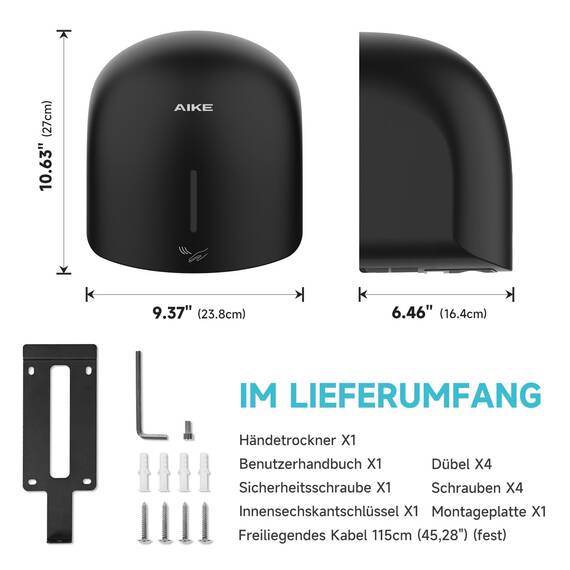 AIKE GentleAir Warmluft Handtrockner, Leise für Zuhause & Bäder, AC220V-240V, Mitternacht Schwarz
