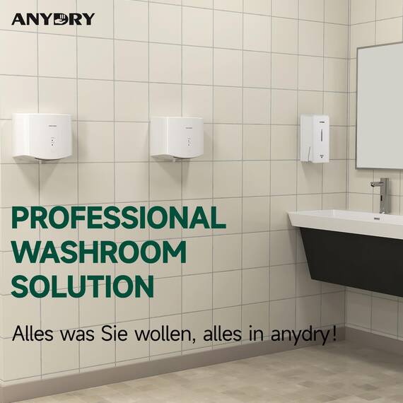 anydry 2630S Kompakter Händetrockner,Automatischer Elektrischer Händetrockner für Wandmontage,Für Gewerbliche oder Private Zwecke,Händetrockner für Toiletten.1400-1650W.(Weiß)