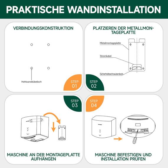 anydry 2630S Kompakter Händetrockner,Automatischer Elektrischer Händetrockner für Wandmontage,Für Gewerbliche oder Private Zwecke,Händetrockner für Toiletten.1400-1650W.(Schwarz)