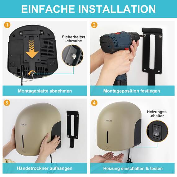 AIKE GentleAir Warmluft Handtrockner, Leise für Zuhause & Bäder, AC220V-240V, Düne Gelb