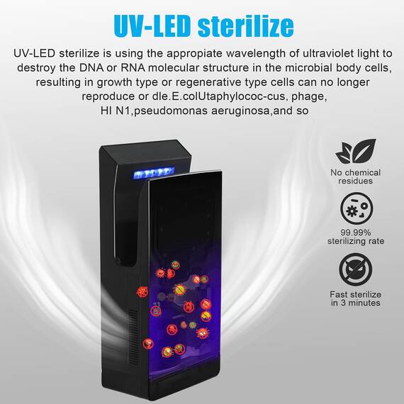 QL Händetrockner Elektrisch mit UVC-Sterilisation und HEPA-Filter,1350w,Anionen-Funktion,für Gewerbliche Toiletten,Mattschwarz