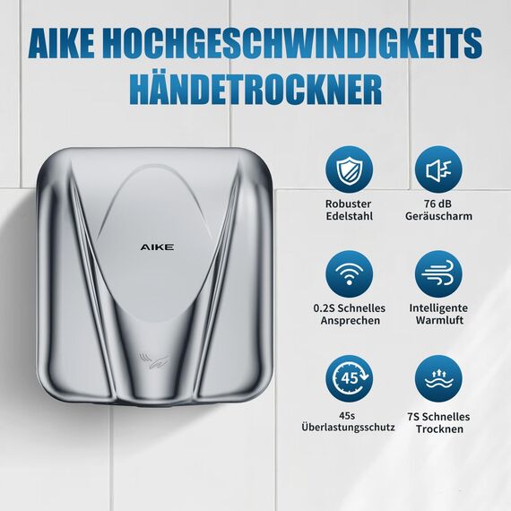 AIKE Elephant Kommerzieller Händetrockner, Hochgeschwindigkeits, Langlebiger Edelstahl für Hochfrequenzierte Toiletten, 220V AK2812 (Hochglanz)