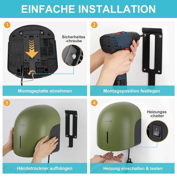 AIKE GentleAir Warmluft Handtrockner, Leise für Zuhause & Bäder, AC220V-240V, Wald Grün