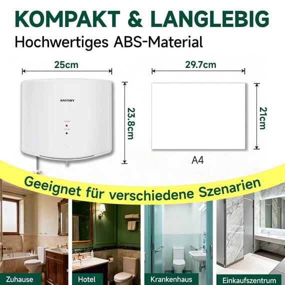 anydry 2630S Kompakter Händetrockner,Automatischer Elektrischer Händetrockner für Wandmontage,Für Gewerbliche oder Private Zwecke,Händetrockner für Toiletten.1400-1650W.(Weiß)