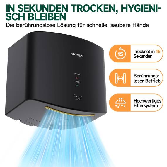 anydry 2630S Kompakter Händetrockner,Automatischer Elektrischer Händetrockner für Wandmontage,Für Gewerbliche oder Private Zwecke,Händetrockner für Toiletten.1400-1650W.(Schwarz)