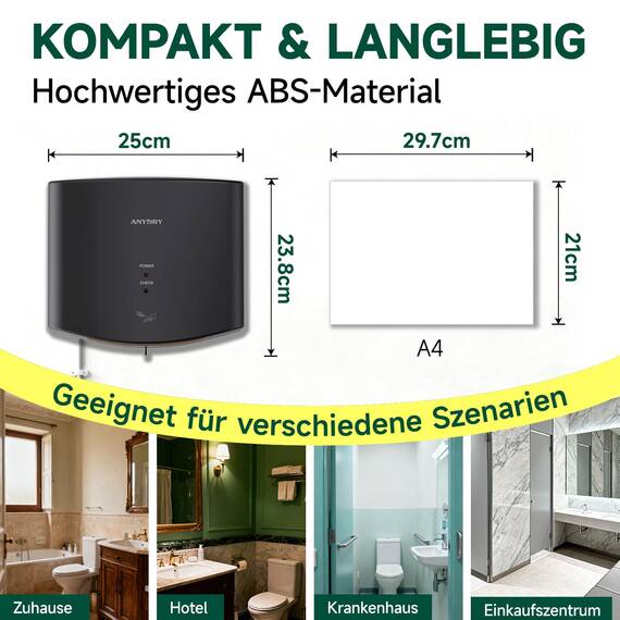 anydry 2630S Kompakter Händetrockner,Automatischer Elektrischer Händetrockner für Wandmontage,Für Gewerbliche oder Private Zwecke,Händetrockner für Toiletten.1400-1650W.(Schwarz)