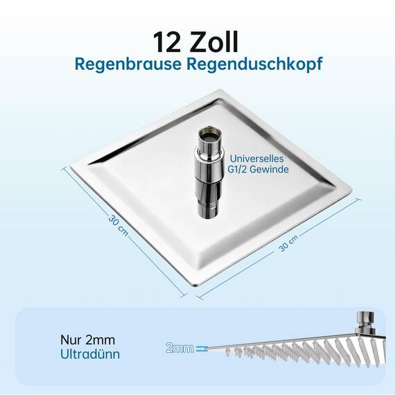 HAUSPROFI Antikalk-Duschkopf, Regenduschkopf, wassersparend, mit Düse aus Edelstahl, 30 cm, poliertes Chrom-Finish (Spiegel), quadratisch