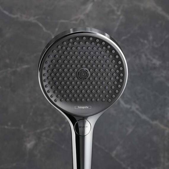 hansgrohe Rainfinity - wassersparender Duschkopf 9 l/min (EcoSmart), Handbrause mit 3 Strahlarten, runde Duschbrause (⌀ 130 mm), Sparduschkopf mit Antikalk-Funktion, Chrom
