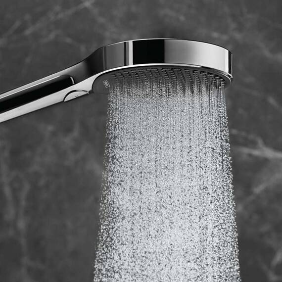 hansgrohe Rainfinity - wassersparender Duschkopf 9 l/min (EcoSmart), Handbrause mit 3 Strahlarten, runde Duschbrause (⌀ 130 mm), Sparduschkopf mit Antikalk-Funktion, Chrom