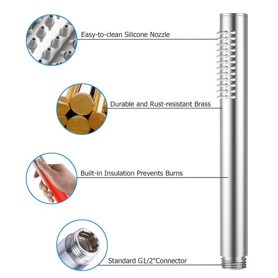 ACEFY Duschkopf wassersparend 1 Strahlart Handbrause/Stabhandbrause mit 48 Anti-kalk Dusen Duschbrause massiv Messing Verchromt