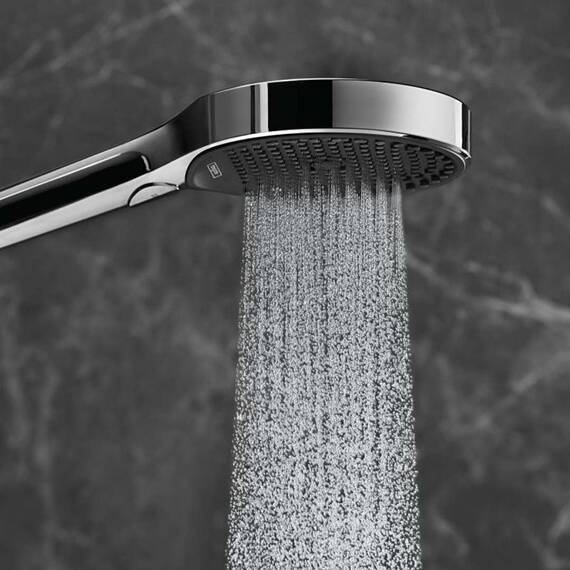 hansgrohe Rainfinity - wassersparender Duschkopf 9 l/min (EcoSmart), Handbrause mit 3 Strahlarten, runde Duschbrause (⌀ 130 mm), Sparduschkopf mit Antikalk-Funktion, Chrom