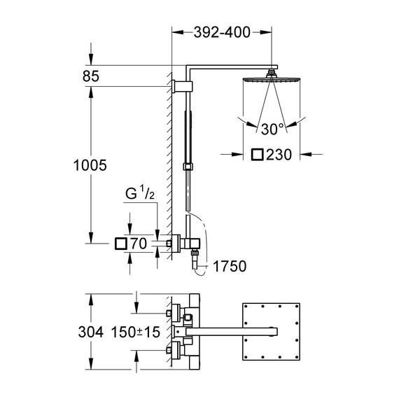 GROHE Euphoria Cube 230, Duschsystem (Regendusche mit Thermostat und schwenkbarem Kopfbrausearm, Sicherheitssperre bei 38°C, Duscharmatur mit Antikalk-System), chrom, 26087000