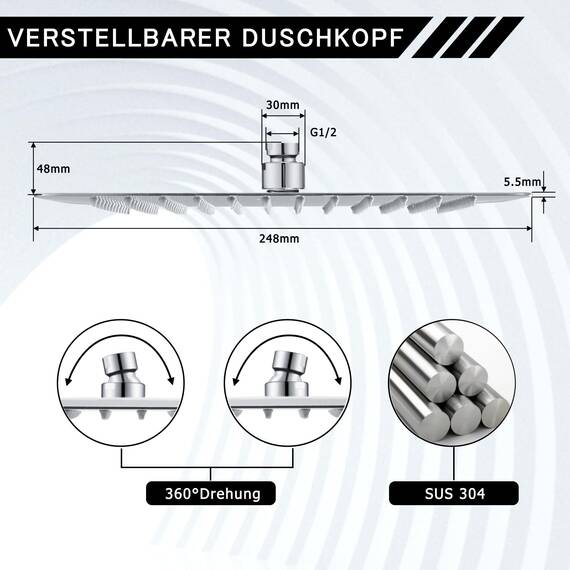 DETBOM Duschkopf Regendusche 25x25cm/10 Zoll Quadrat, 304 Edelstahl Regendusche Duschkopf Wassersparender mit 121 Silikondüsen mit Antikalk-Funktion, Regenduschkopf 360° Drehbar, Chrom