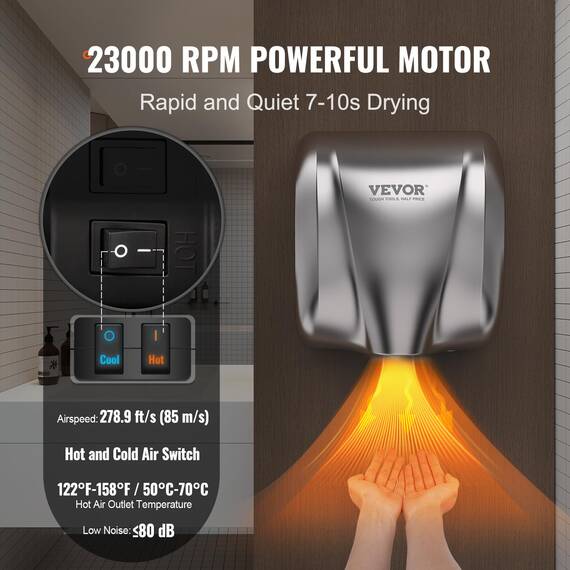 VEVOR Händetrockner 1300W Elektrischer Handtrockner 7-10s Trocknungszeit Kommerzieller Wandhandtrockner Handfön mit HEPA-Filter 99,97% Filtrationseffizienz Lufthandtrockner Küche Badezimmer Toilette