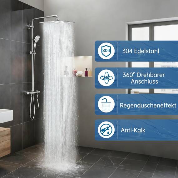 HAUSPROFI Antikalk-Duschkopf, Regenduschkopf, wassersparend, mit Düse aus Edelstahl, 30 cm, poliertes Chrom-Finish (Spiegel), quadratisch