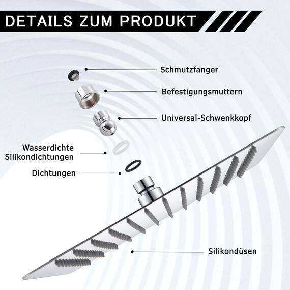 DETBOM Duschkopf Regendusche 25x25cm/10 Zoll Quadrat, 304 Edelstahl Regendusche Duschkopf Wassersparender mit 121 Silikondüsen mit Antikalk-Funktion, Regenduschkopf 360° Drehbar, Chrom