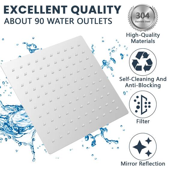 Regendusche Square 12 Zoll, 304 Edelstahl Duschkopf Regendusche, Wassersparend Regenduschkopf mit 90 Anti Kalk Düsen, 360° Verstellbarer Regendusche Duschkopf