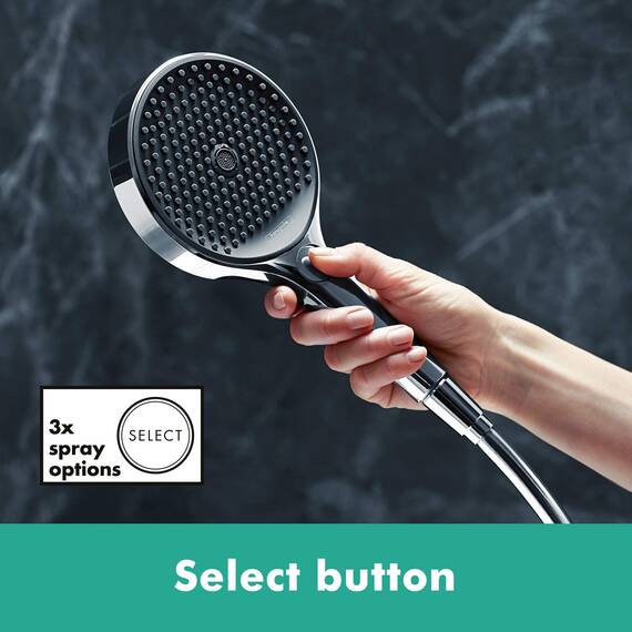 hansgrohe Rainfinity - Duschkopf, Handbrause mit 3 Strahlarten, runde Duschbrause (⌀ 130 mm), Brausekopf mit Antikalk-Funktion, Chrom