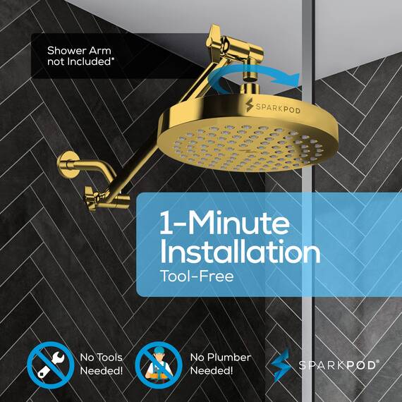 SparkPod Duschkopf – Hochdruckregen – Luxuriöser moderner Look – werkzeuglose 1-Minuten-Installation – der perfekte verstellbare Ersatz für Ihr Badezimmer Duschköpfe (20,3 cm kreisförmig, Gold)