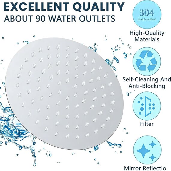 12 Zoll(30cm) Regendusche Duschkopf Edelstahl AISI304 Regenbrause Anti-Kalk-Düsen Duschkopf Regenduschkopf Rund
