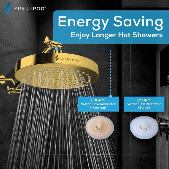 SparkPod Duschkopf – Hochdruckregen – Luxuriöser moderner Look – werkzeuglose 1-Minuten-Installation – der perfekte verstellbare Ersatz für Ihr Badezimmer Duschköpfe (20,3 cm kreisförmig, Gold)