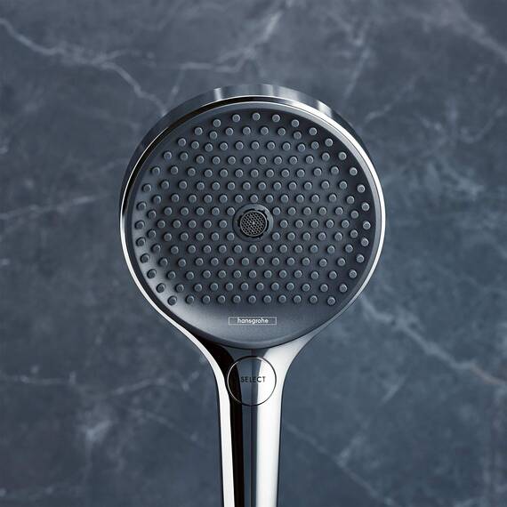 hansgrohe Rainfinity - Duschkopf, Handbrause mit 3 Strahlarten, runde Duschbrause (⌀ 130 mm), Brausekopf mit Antikalk-Funktion, Chrom