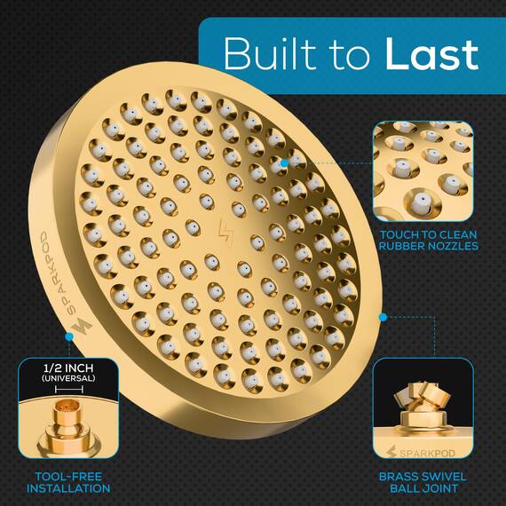SparkPod Duschkopf – Hochdruckregen – Luxuriöser moderner Look – werkzeuglose 1-Minuten-Installation – der perfekte verstellbare Ersatz für Ihr Badezimmer Duschköpfe (Gold, 15cm Square)